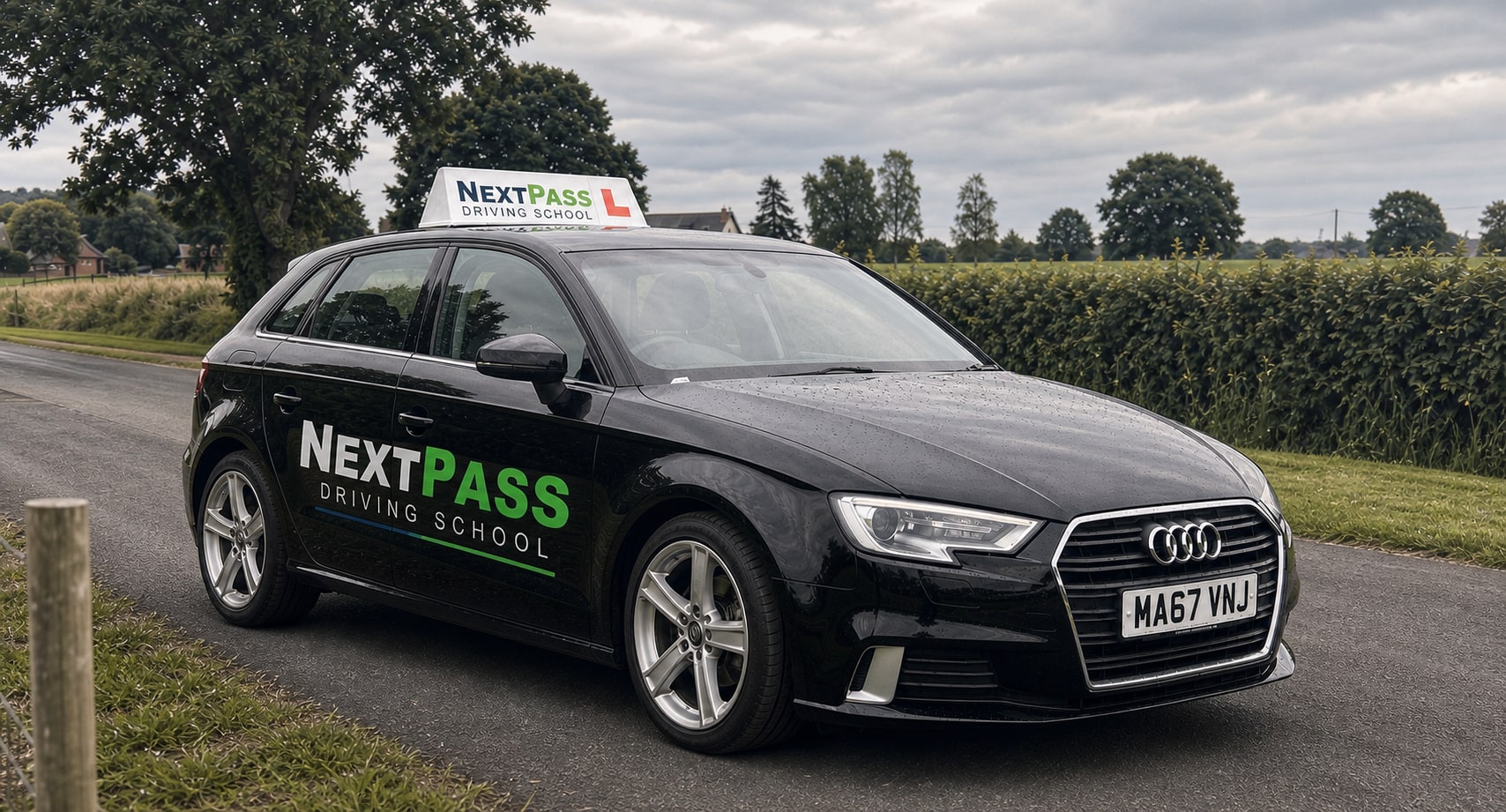 NextPass Driving School learner car with branded doors and roof board in Manchester